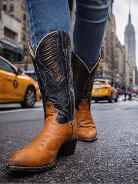 Acme Men’s Western Cowboy Boots Cognac Brown Leather Pointed Toe 8.5 D USA